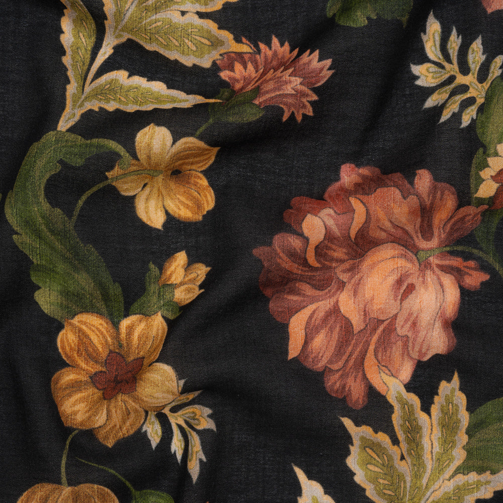 Cotton Crepe - Black, Dark Red and Golden Ochre Moody Florals - Mood Exclusive Rose Renaissance Print - Joann Fabrics