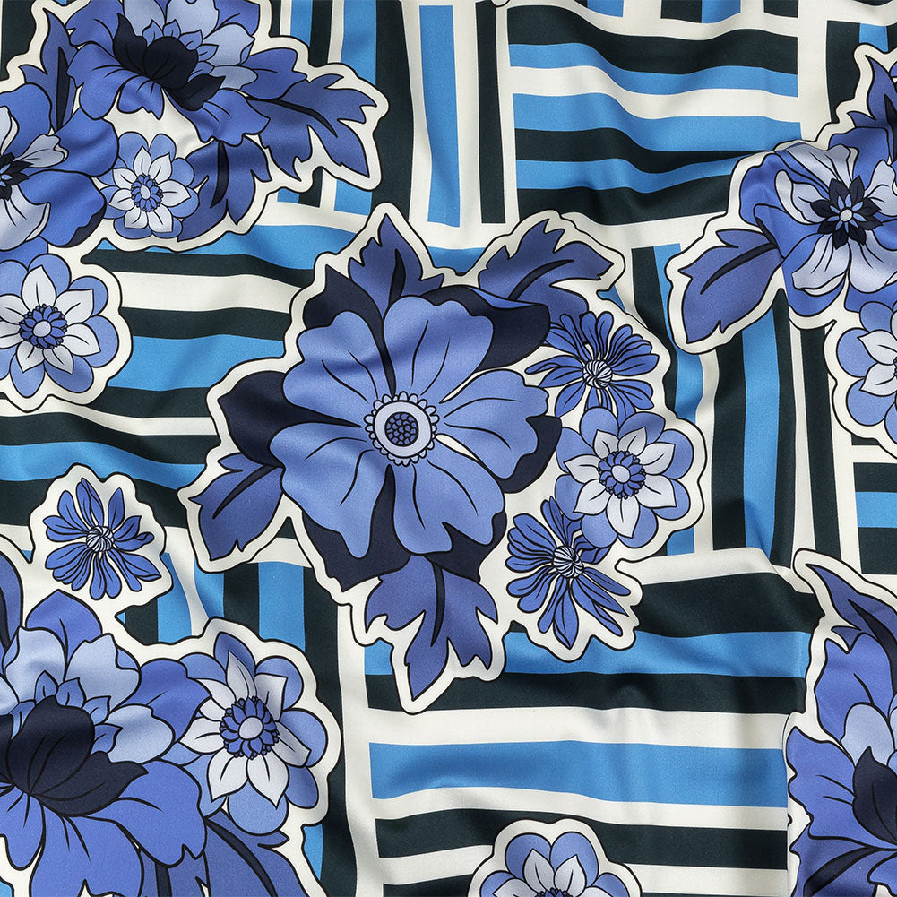 Stretch Cotton Sateen - Flowers and Stripes - Stuck on Blue Print - Mood Exclusive Indigo Collection - Joann Fabrics
