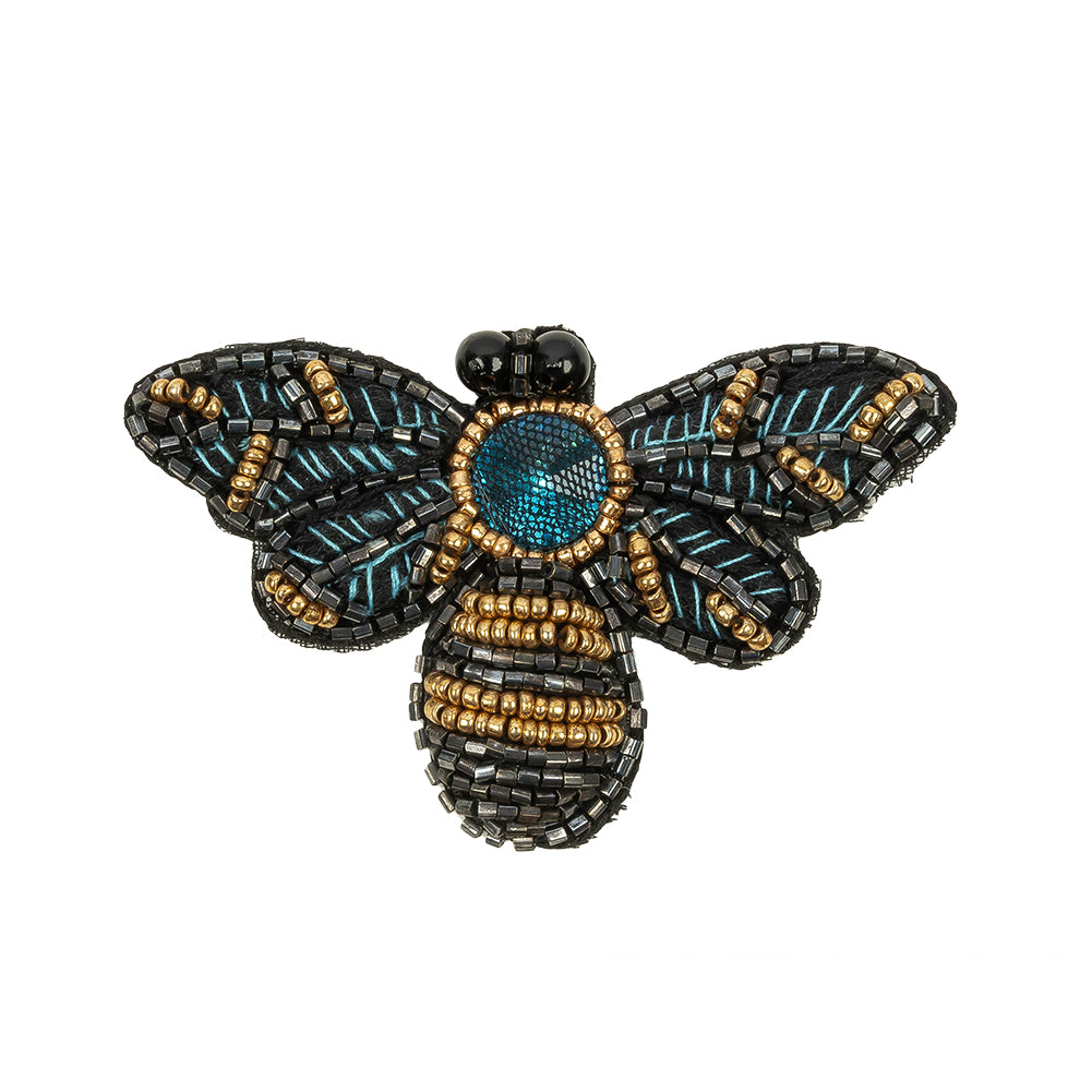 Black, Teal and Gold Fly Embroidered and Glass Beaded Applique - 1.875