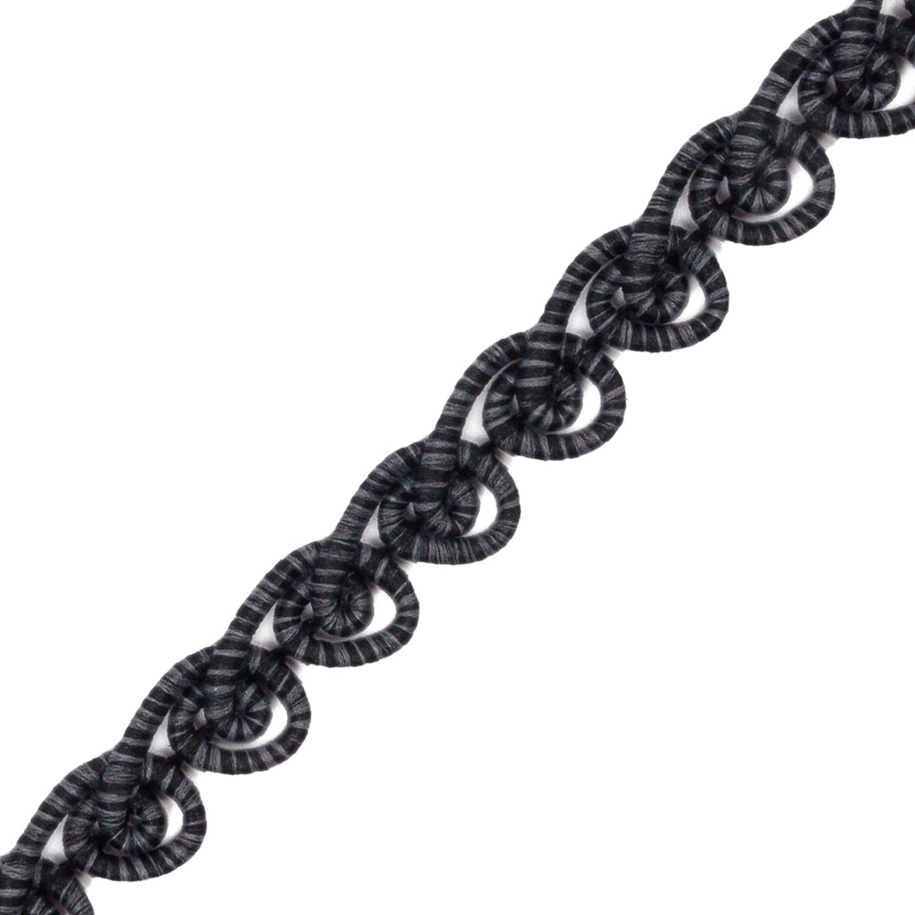 Famous NYC Designer Black and Gray Striped Swirls Gimp Braided Trim - 0.375
