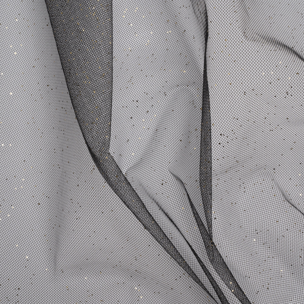 Famous Australian Designer Black and Gold Glitter Speckled Tulle - Joann Fabrics