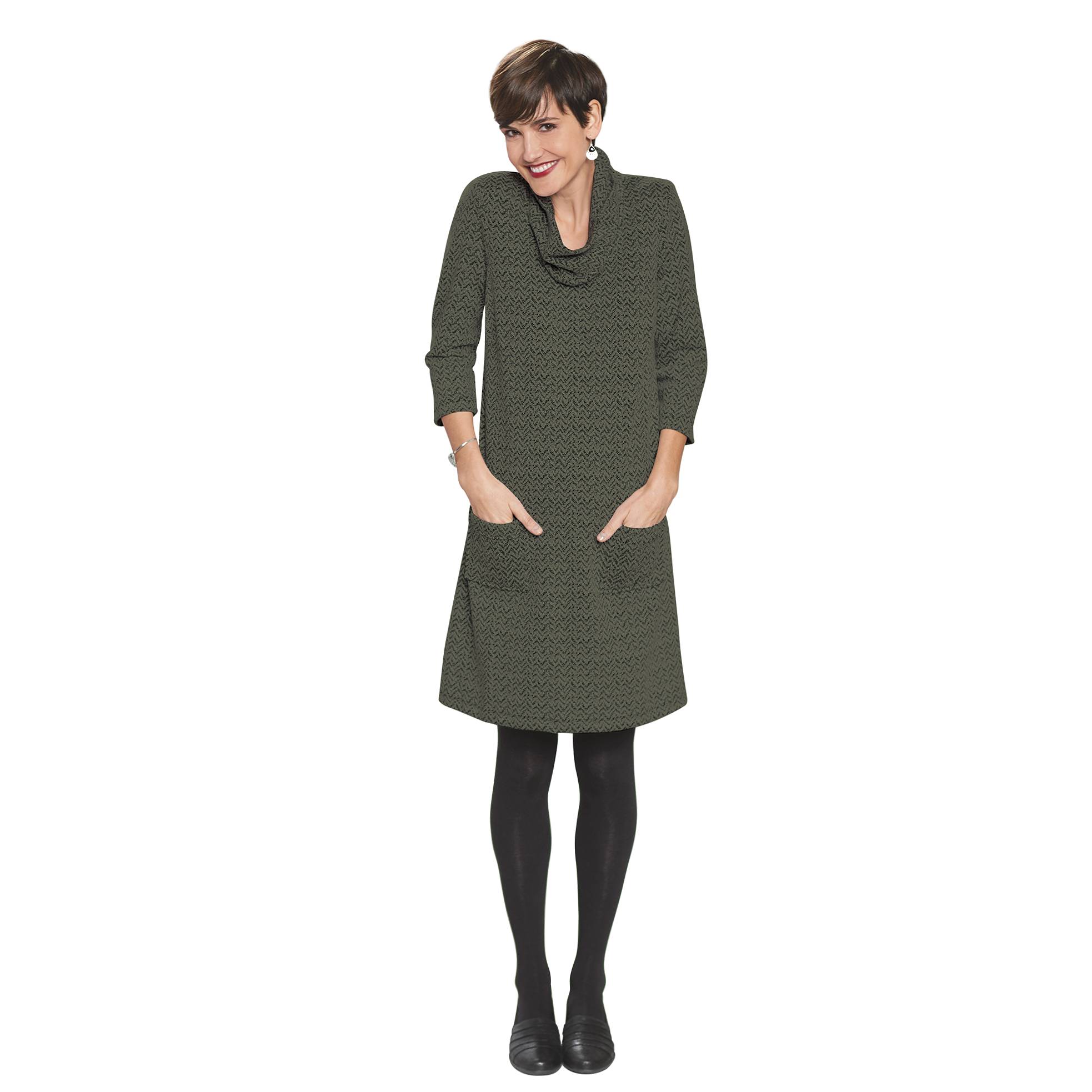 Herringbone Knit Pocket Dress, Cowlneck, 3/4 Sleeves - Northstyle Catalog