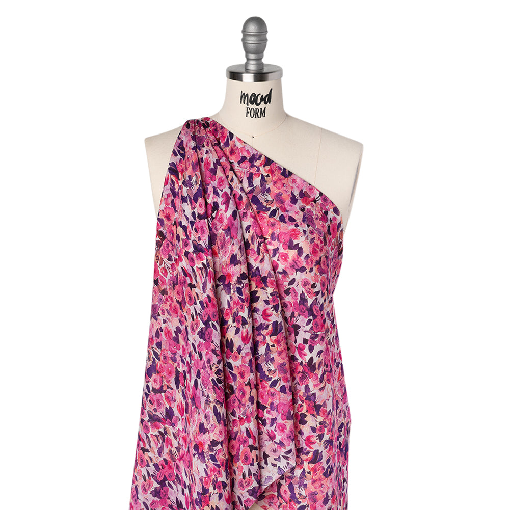 Silk Georgette Print Made in Italy - Pink, Dark Purple and Lavender Watercolor Roses - Deadstock - Joann Fabrics