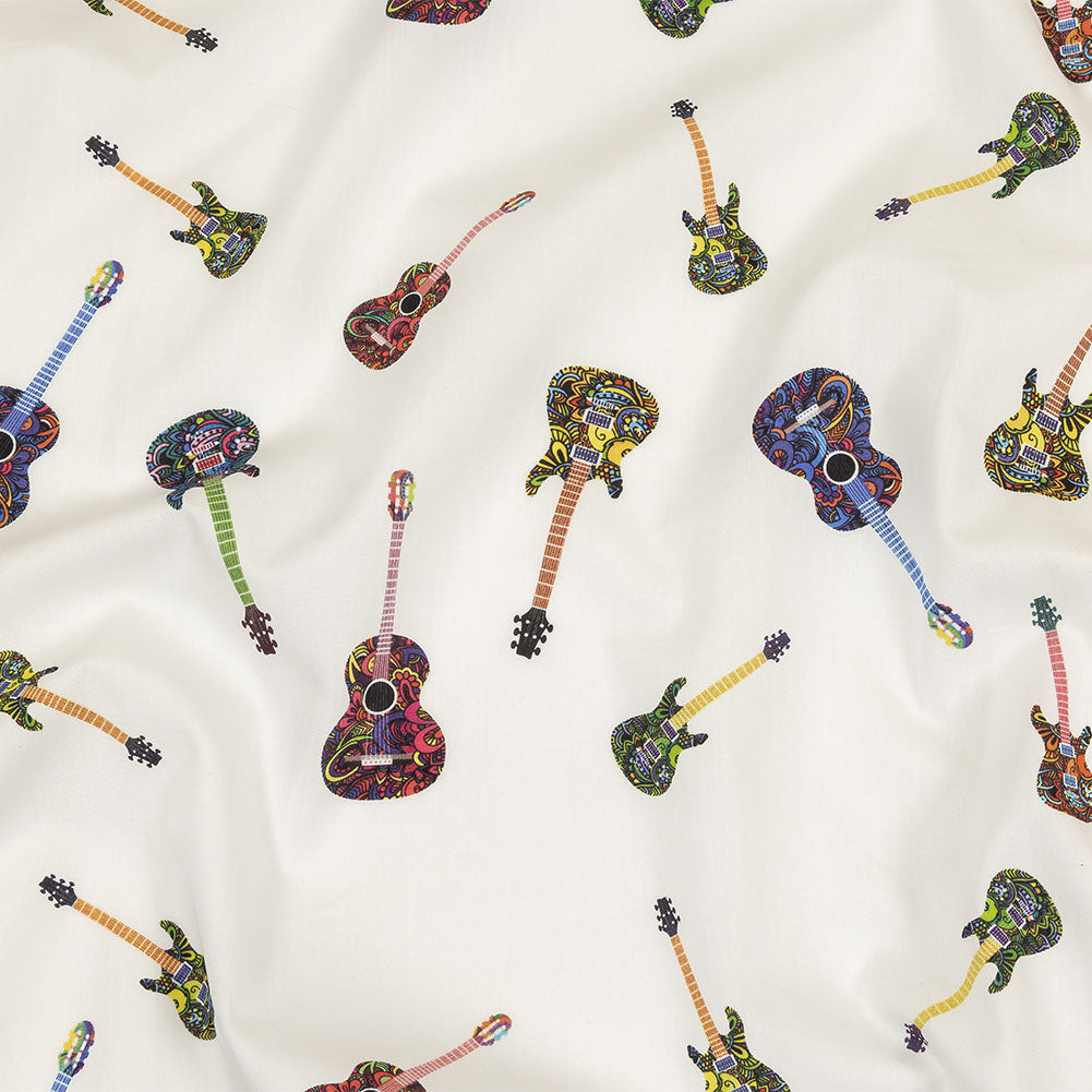 Blanc de Blanc and Multicolor Decorated Guitars Cotton Shirting - Joann Fabrics