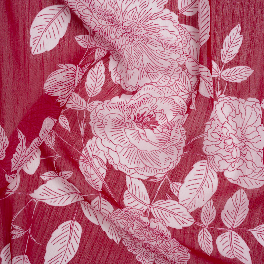 Crinkled Polyester Chiffon Print - Deep Magenta and White Floral - Designer Deadstock - Joann Fabrics