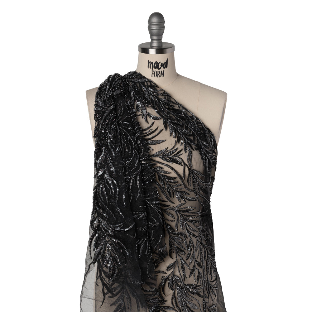 Embroidered and Beaded Lace Tulle with Sequins - Black and Gunmetal Reef Plants - Joann Fabrics