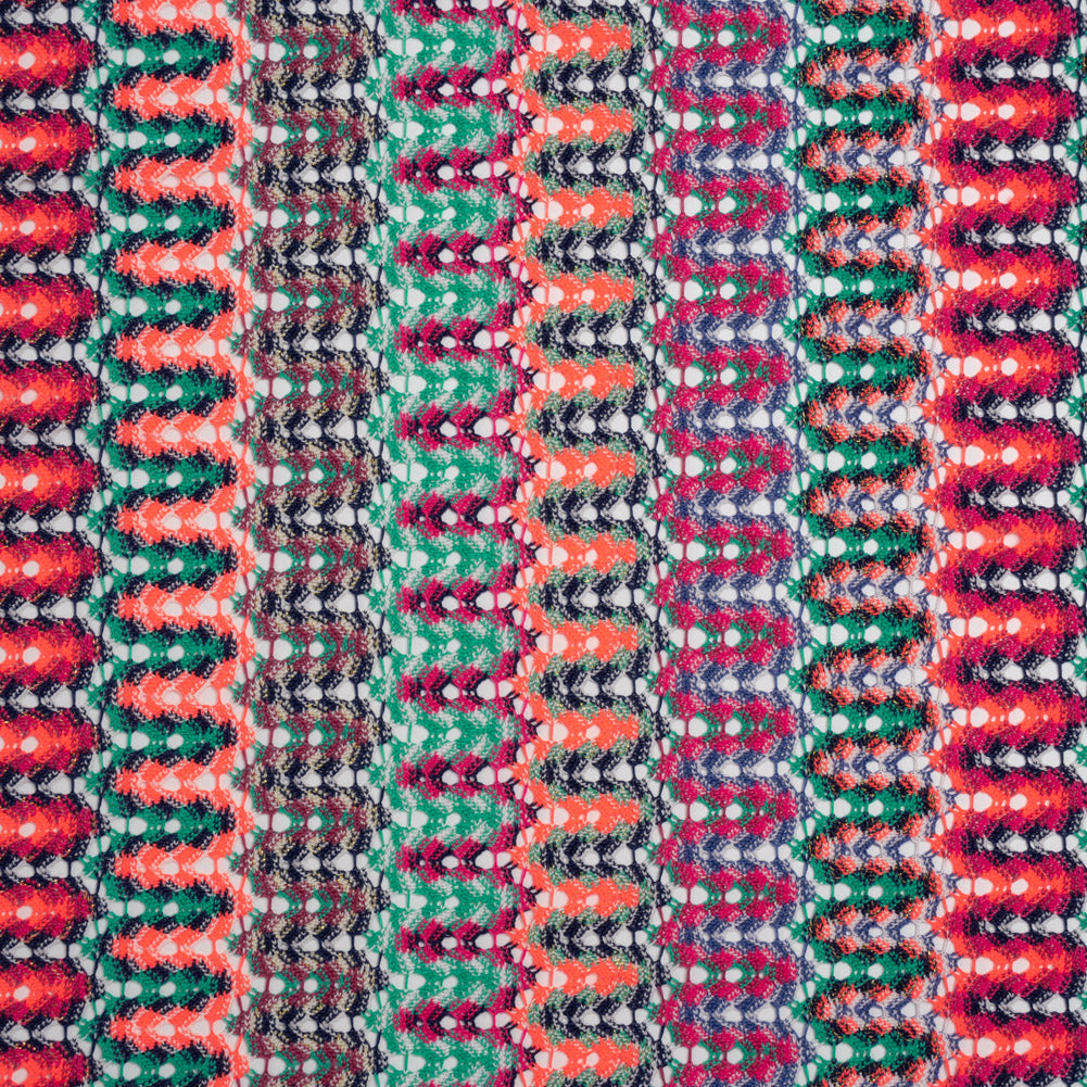 Lacy Sweater Knit with Metallic Accents - Magenta, Neon Orange and Teal Wave Stripes - Designer Deadstock - Joann Fabrics