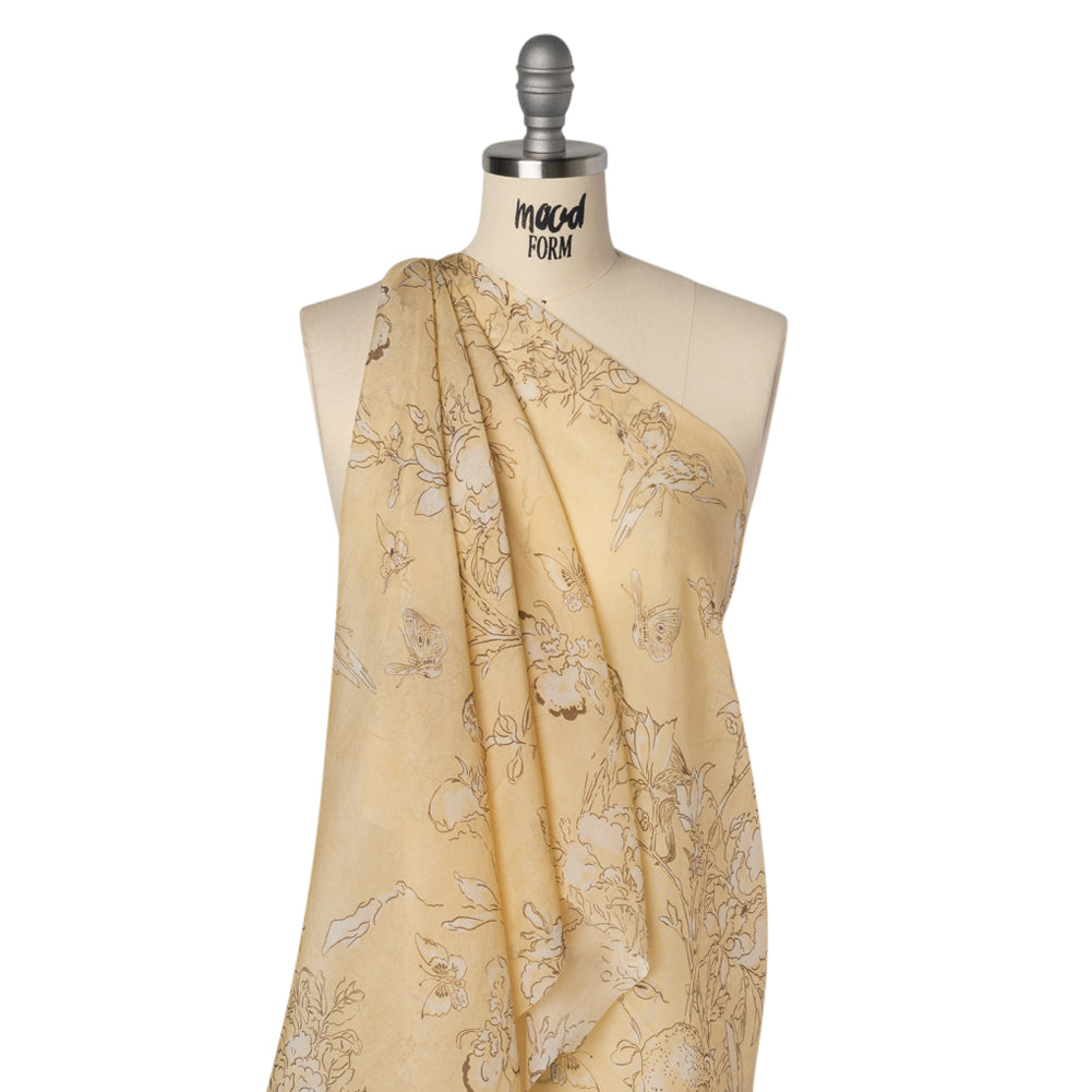 Silk Voile Print - Yellow-Beige, White and Charcoal Illustrated Flowers and Animals - Deadstock - Joann Fabrics