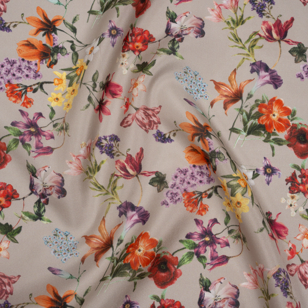 China Silk/Silk Habotai Print Made in Italy - Greige, Red and Purple Fancy Flowers - Deadstock - Joann Fabrics