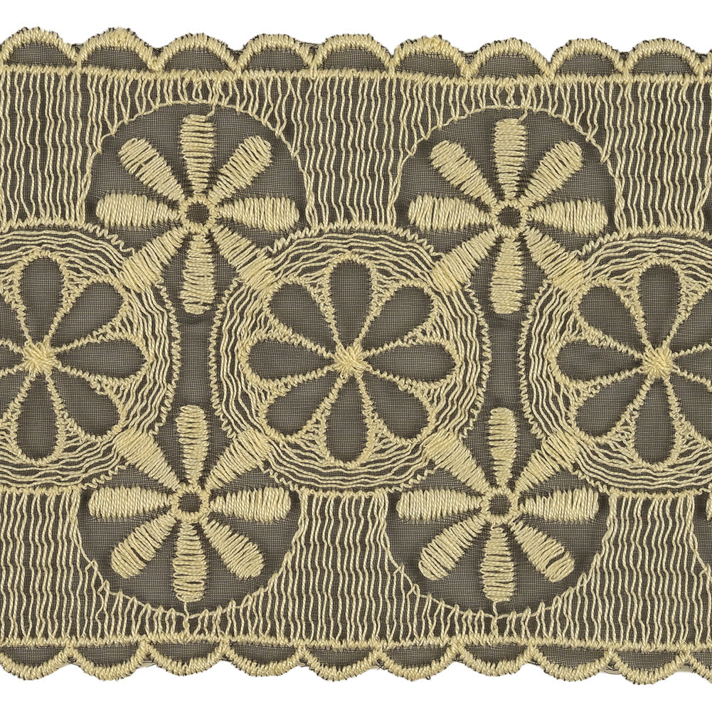 Pistachio Shell and Black Circles and Flowers Embroidered Mesh Lace Trim with Scalloped Borders - 4.25