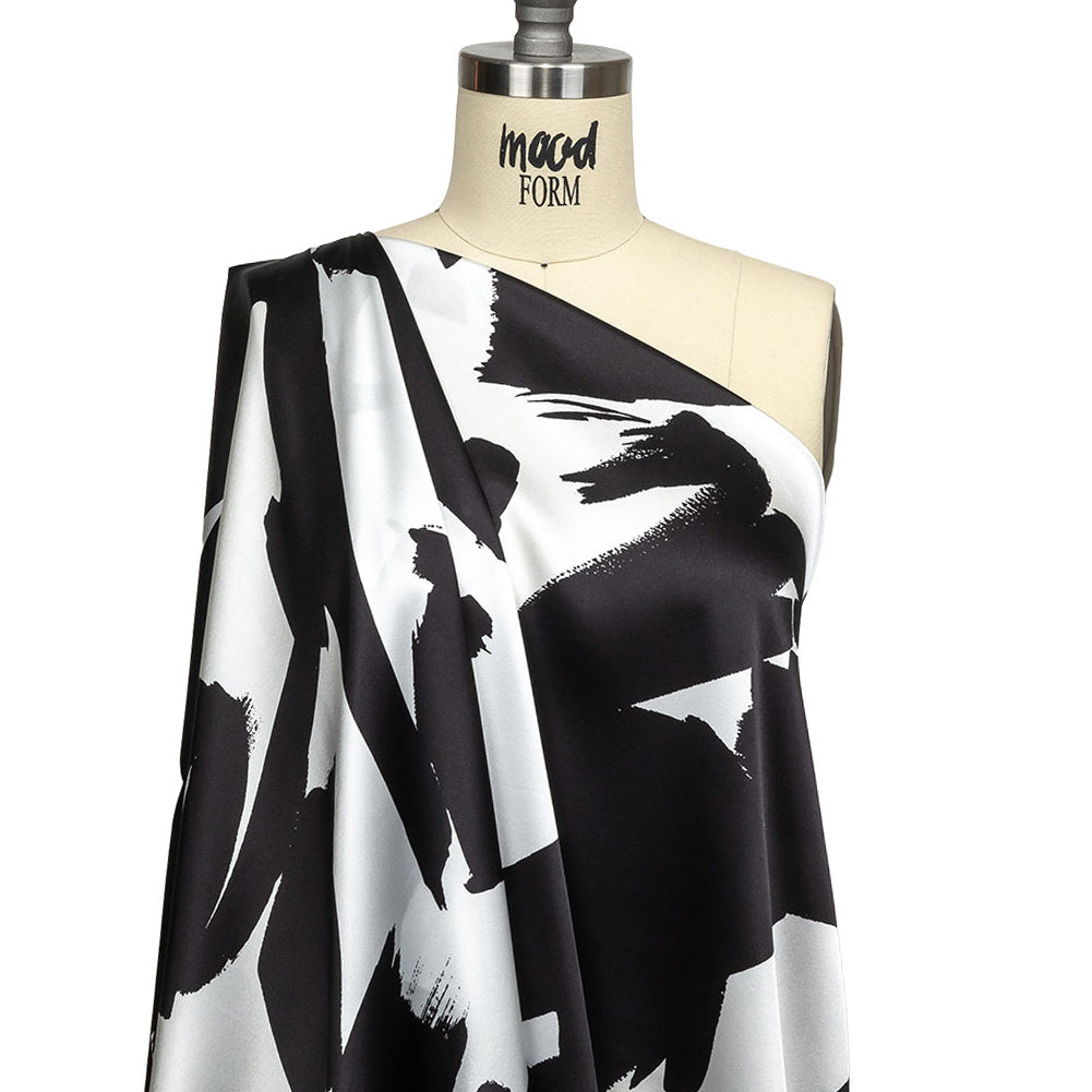 Mood Exclusive Italian White and Black Brushstrokes Silk Charmeuse - Joann Fabrics
