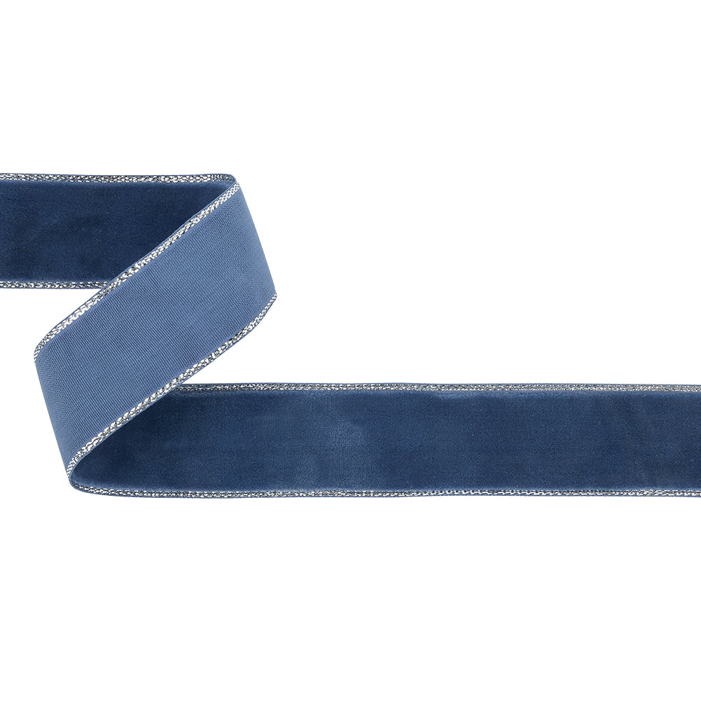 Navy Peony and Silver Metallic Lined Velvet Ribbon - 0.875