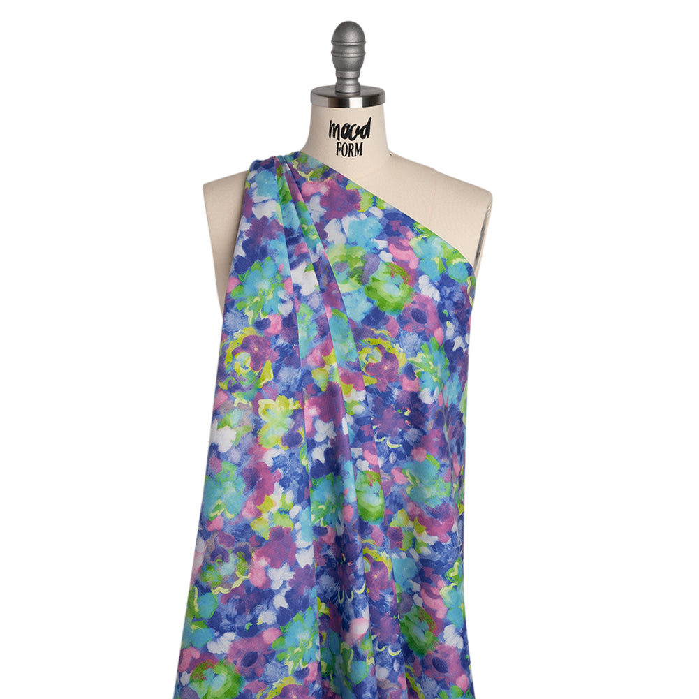 Peached Polyester Twill - Pink, Ultramarine and Lime Green Painted Flowers - Mood Exclusive Painted Posies Print - Joann Fabrics