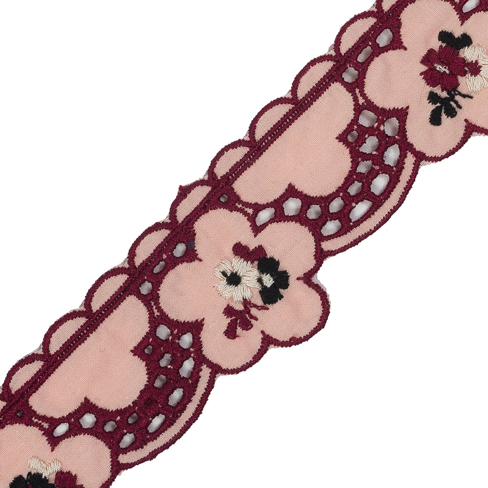 Pink Floral Embroidered Eyelet Trim - 2