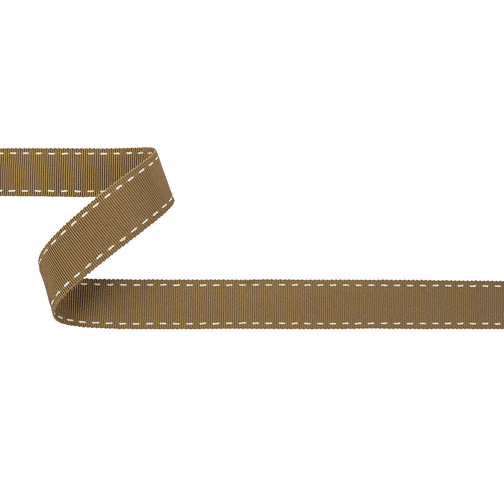 Chai Tea and White Stitched Grosgrain Ribbon - 0.8