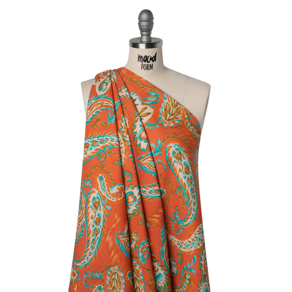 Linen and Rayon Woven - Coral Orange, Turquoise and Olive Green Paisley - Mood Exclusive Fiery Reverie Print - Joann Fabrics