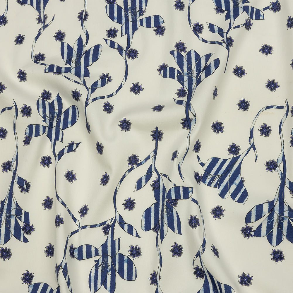 Stretch Cotton and Viscose Sateen Print - Blue and Cream Striped Flowers - Mood Exclusive Drip Drip Drop - Joann Fabrics