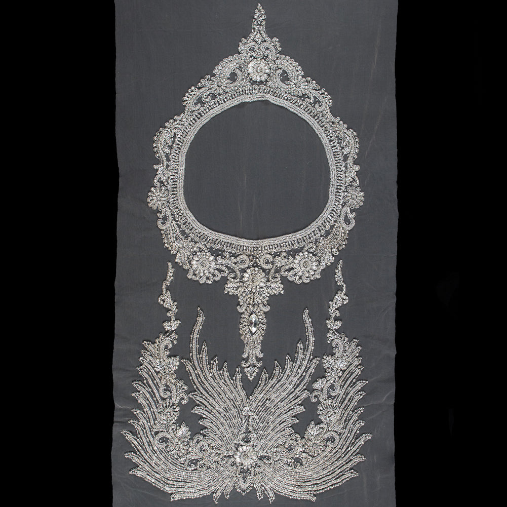 Fancy Silver Beaded Rhinestone Panel on a Nude Mesh - 37.5