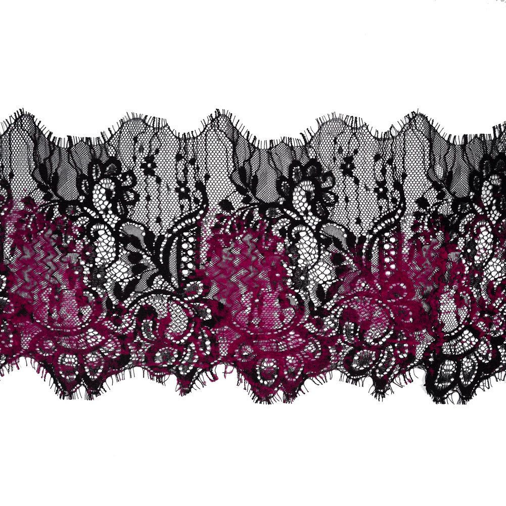Italian Black and Magenta Flocked Lace Trim - 8