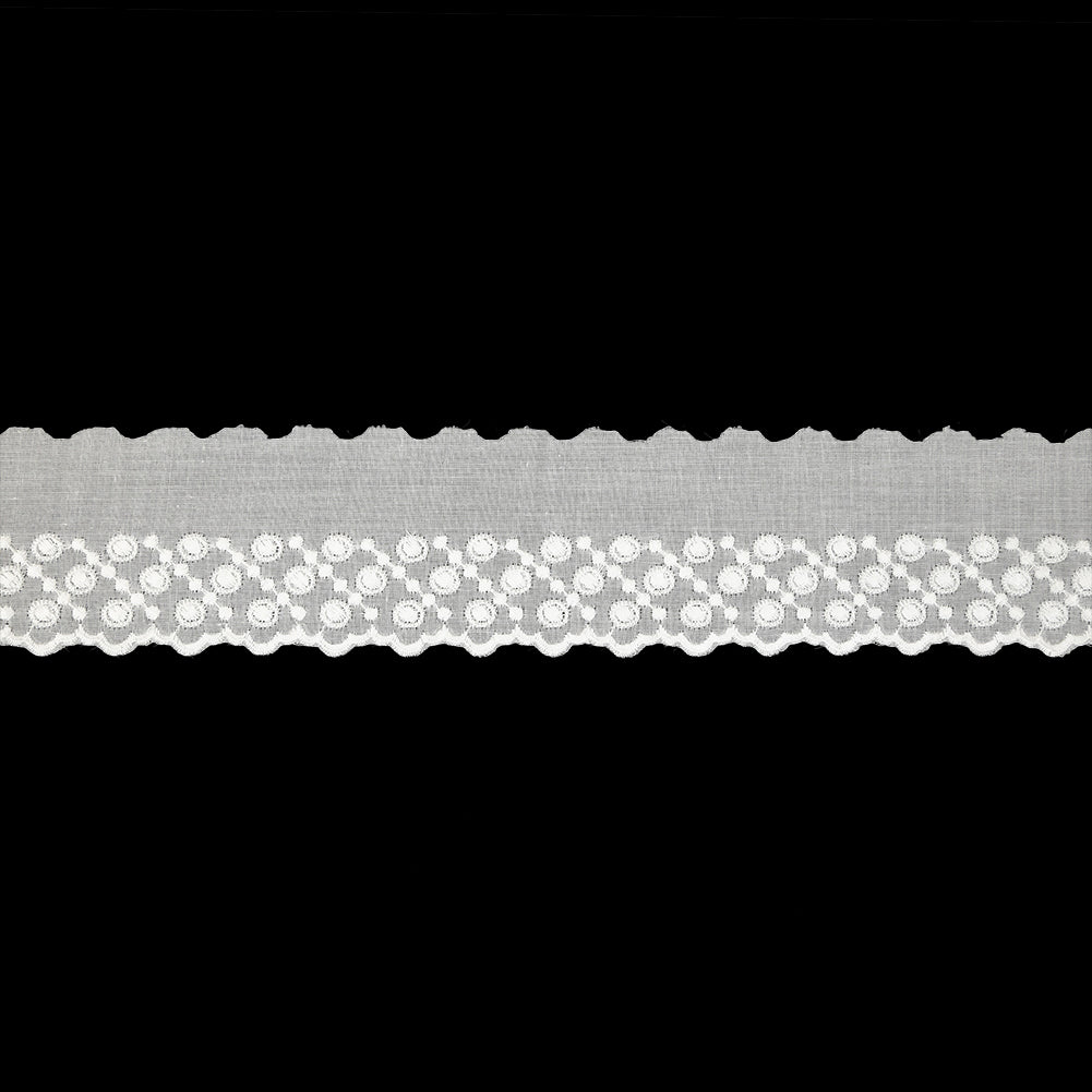 White Three-Row Dots Cotton Embroidered Lace Trim with Finished Scalloped Edge - 1.75