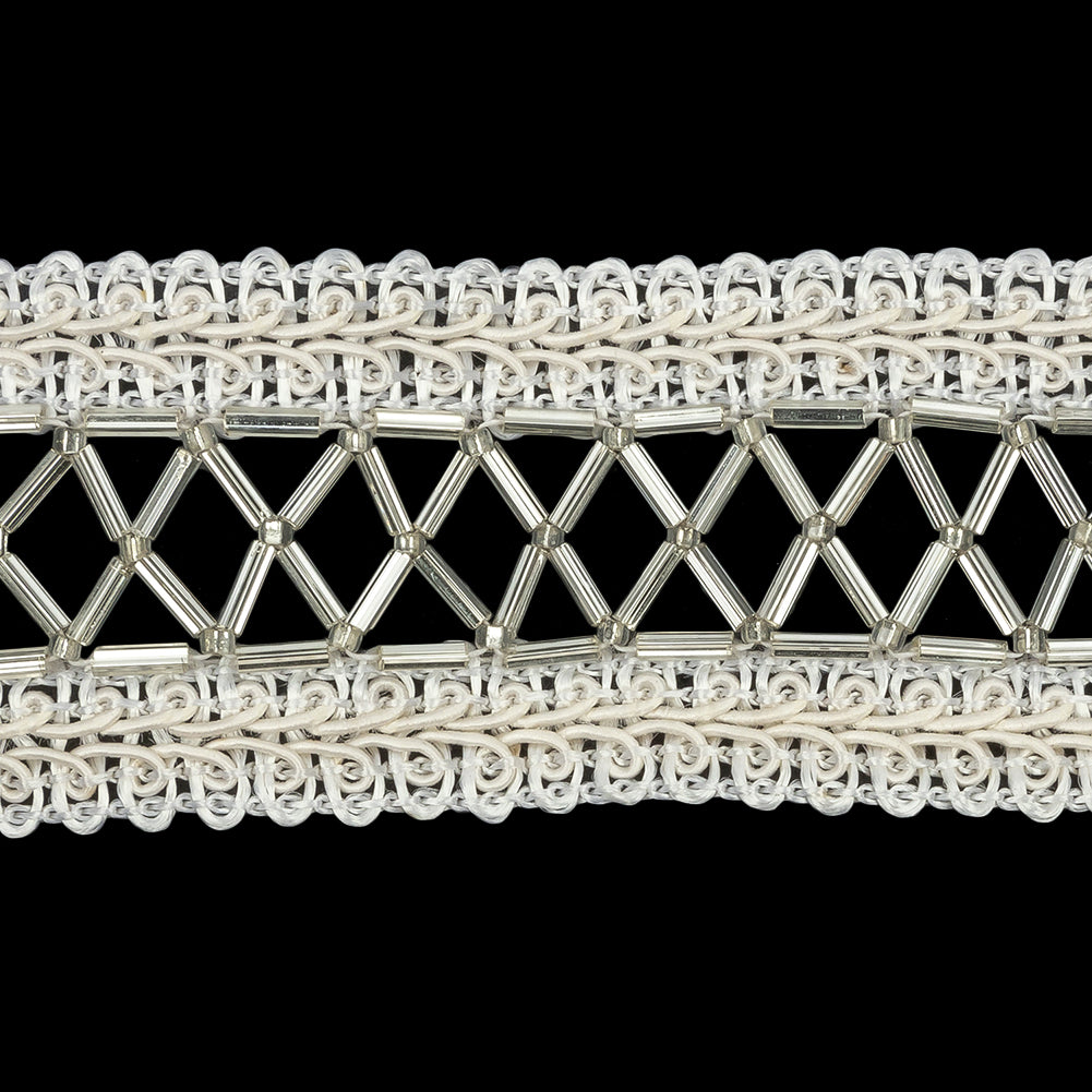Vintage Silver and Ivory Lattice Window Rectangular Beaded and Braided Applique - 7.75
