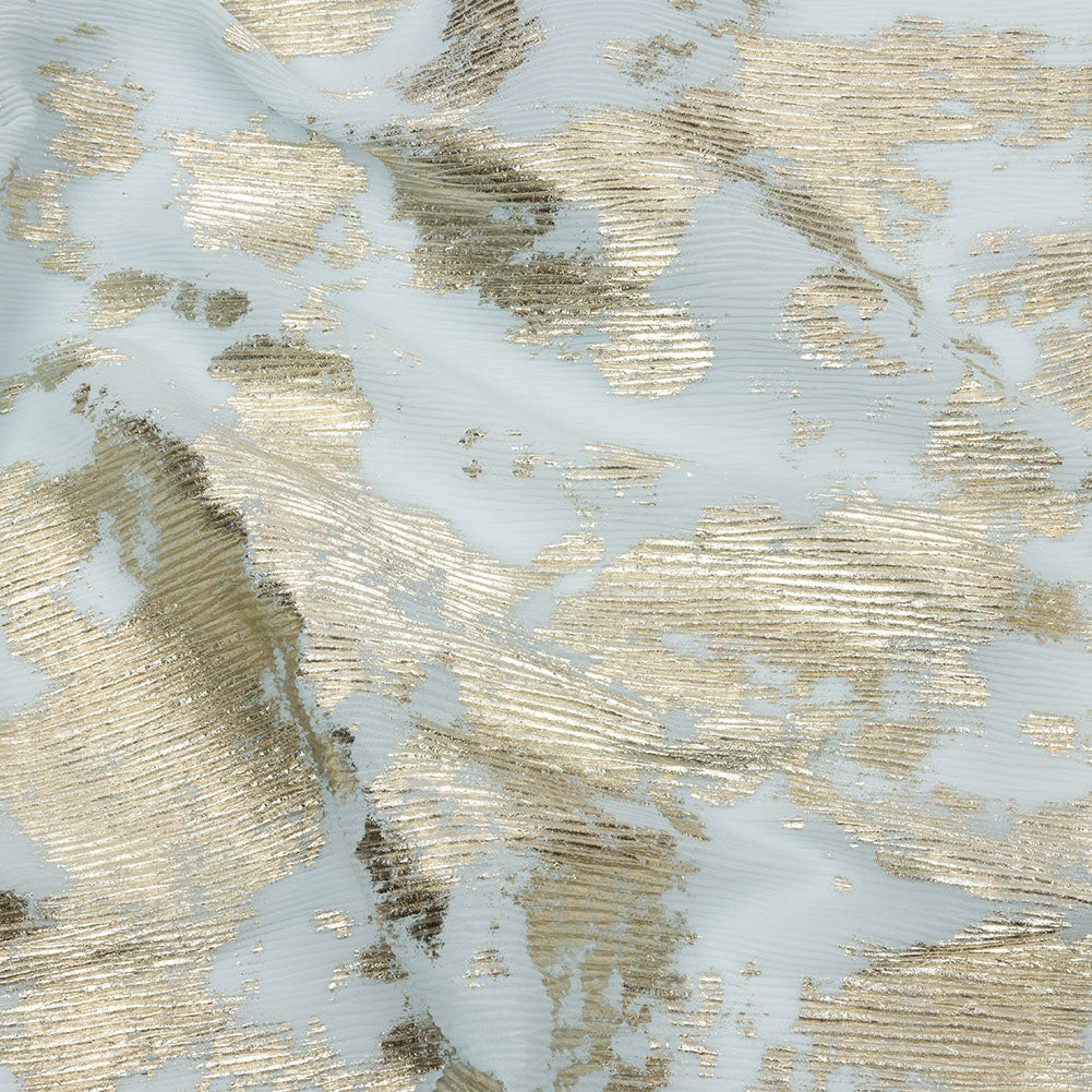 Polyester Chiffon Plisse with Abstract Gold Foiling - Pale Blue - Aralia Collection - Joann Fabrics