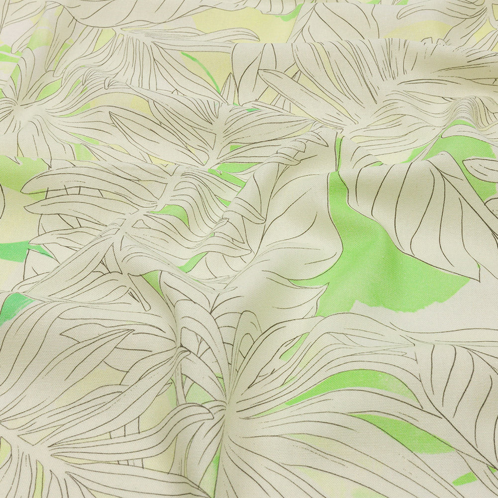 Linen and Rayon Woven - White and Pale Green Leaves - Under the Boardwalk Print - Mood Exclusive Palm Beach Collection - Joann Fabrics