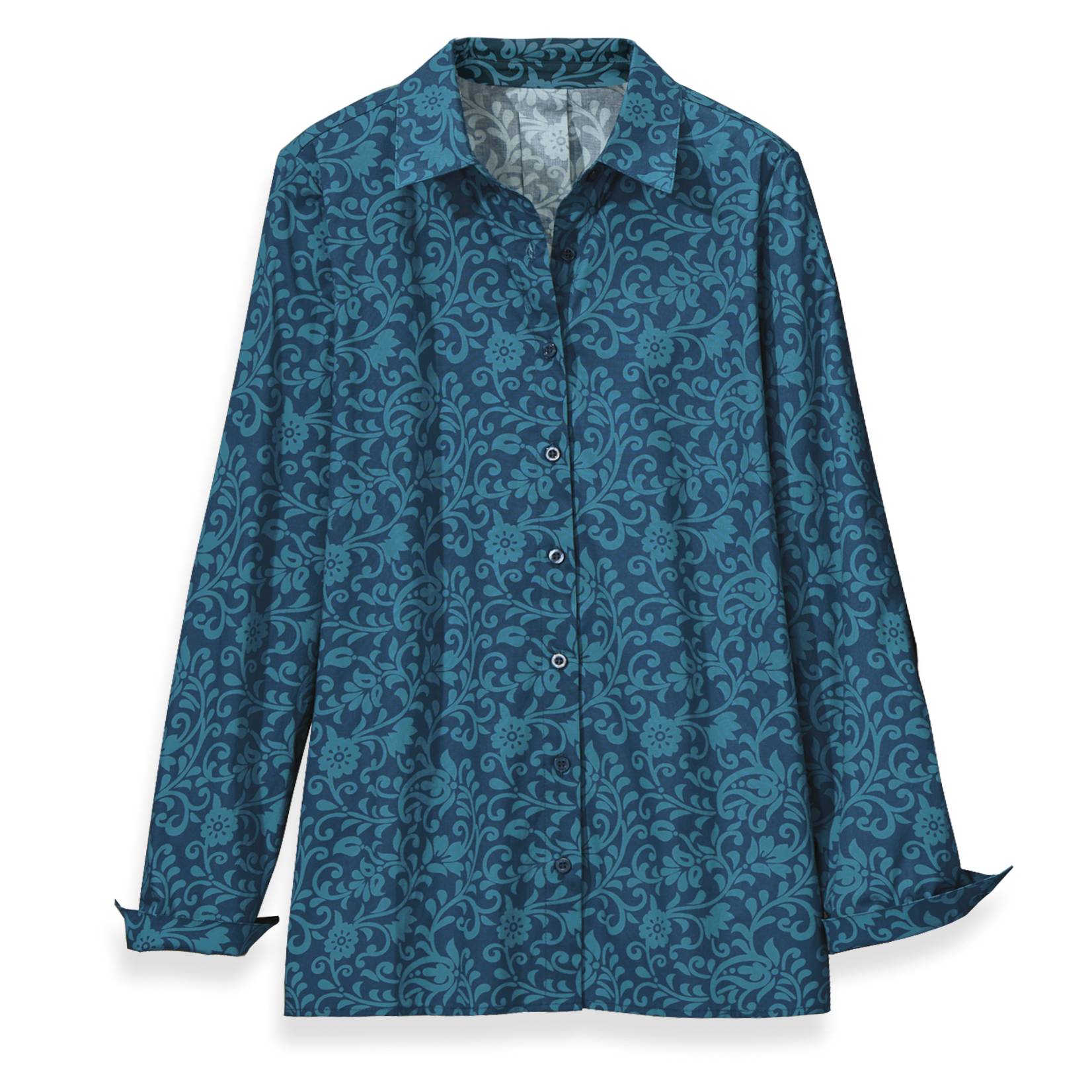 Tonal Print Tunic, Long Sleeve, Button-Front, Side Slits - Northstyle Catalog