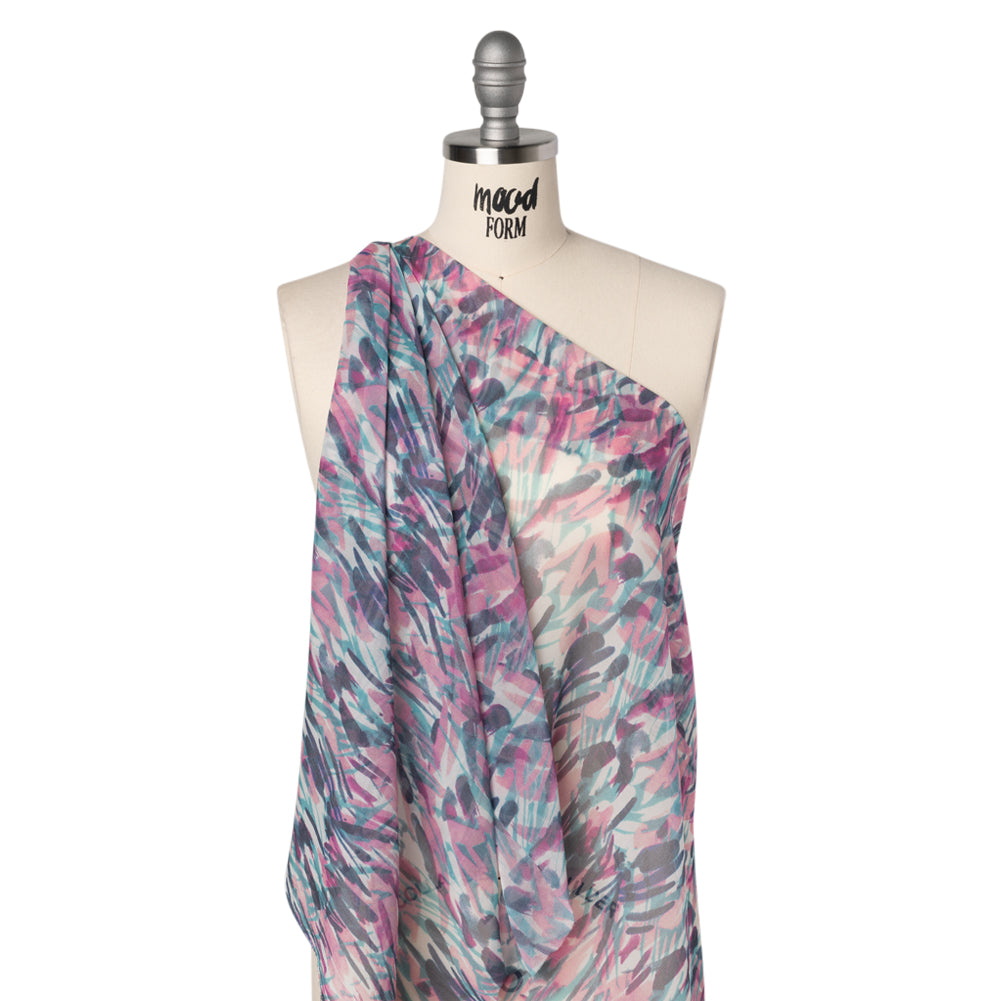 Crinkled Silk Chiffon Print - Pink, Navy, and Teal Abstract - Deadstock - Joann Fabrics