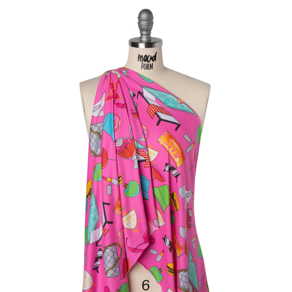 Stretch Polyester ITY Jersey by Vera Wang - Fuchsia, Green and Orange California Dreaming Icons - Designer Deadstock - Joann Fabrics