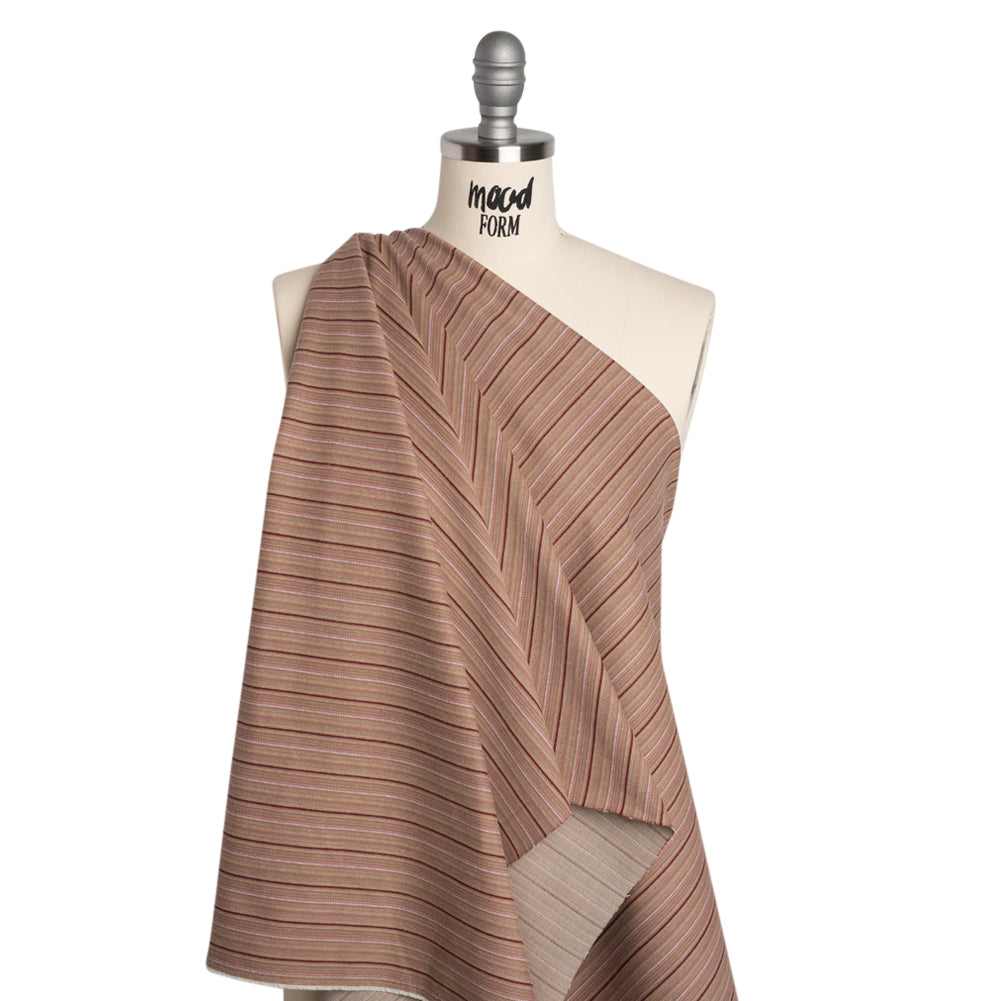 Brushed Stretch Cotton Twill - Taupe, Rose Pink and Berry Red Stripes - Deadstock - Joann Fabrics