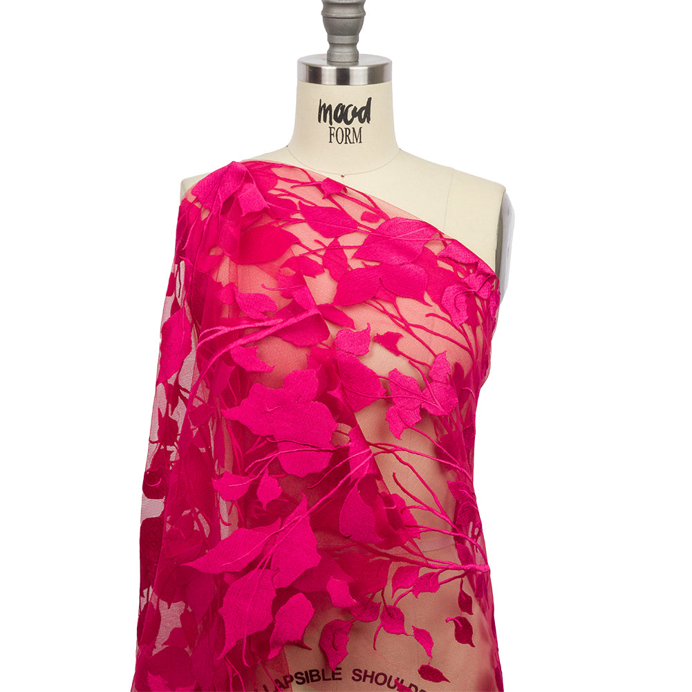 Embroidered Tulle Lace - Fuchsia Leafy Branches - Magnolia Collection - Joann Fabrics