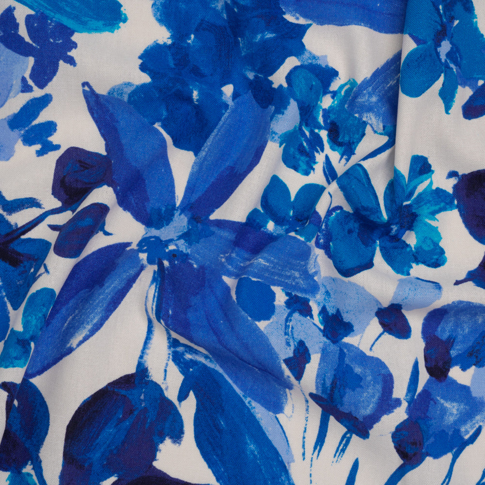 Linen and Rayon Woven Print - Cream and Adriatic Blue Painterly Floral - Designer Deadstock - Joann Fabrics