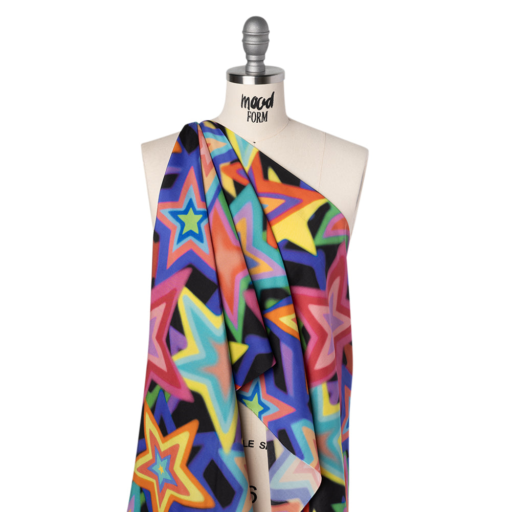 Lightweight Silk Poplin Print Made in Italy - Rainbow on Black Stars - Deadstock - Joann Fabrics