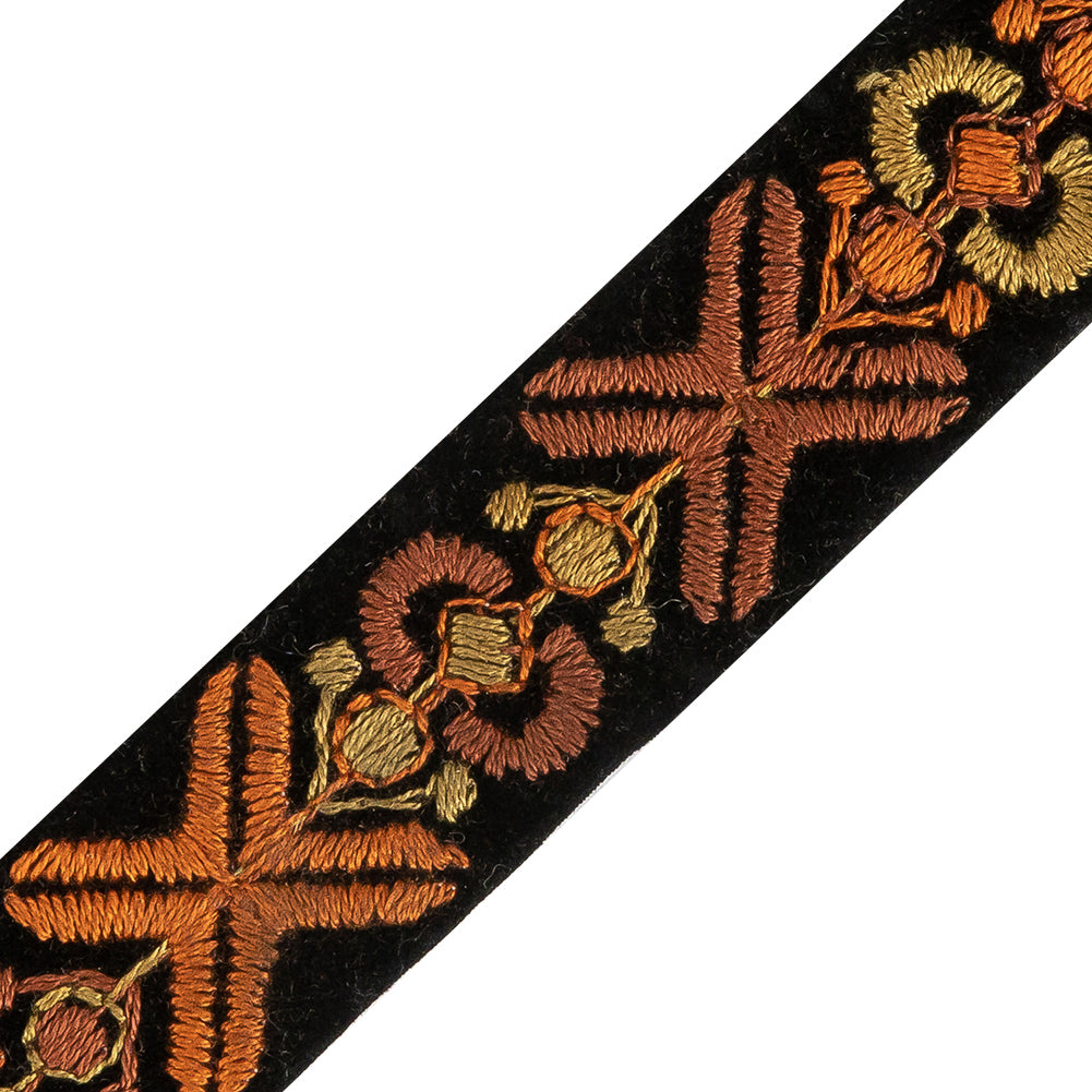 Ochre and Orange Embroidered Black Velvet Ribbon - 1.125
