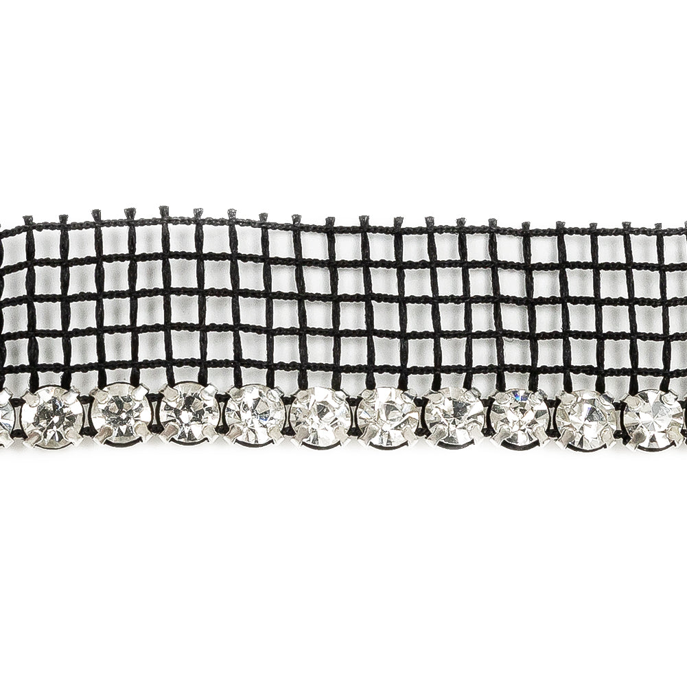 Vintage Crystal and Silver 1 Row Circular Rhinestones on Black Mesh Trimming - 0.625