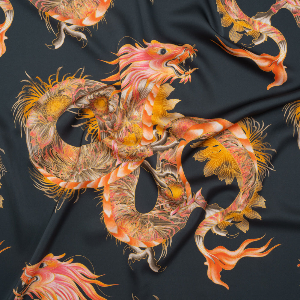 Polyester Satin - Charcoal, Orange and Olive Eastern Dragons - Mood Exclusive Dragon Dance Print - Joann Fabrics