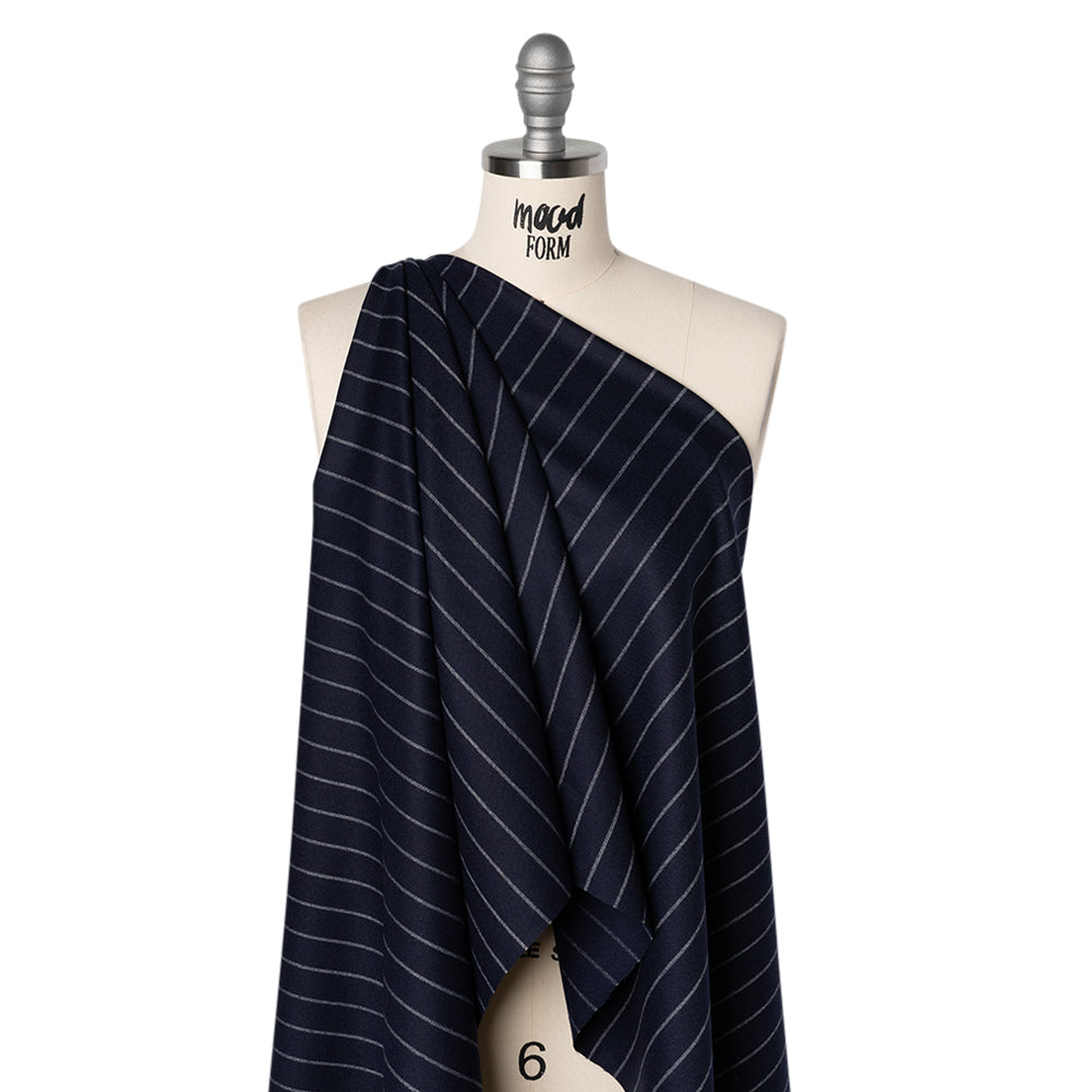 Stretch Virgin Wool Twill Suiting Made in Italy - Navy Blue and White Chalk Stripes - Joann Fabrics