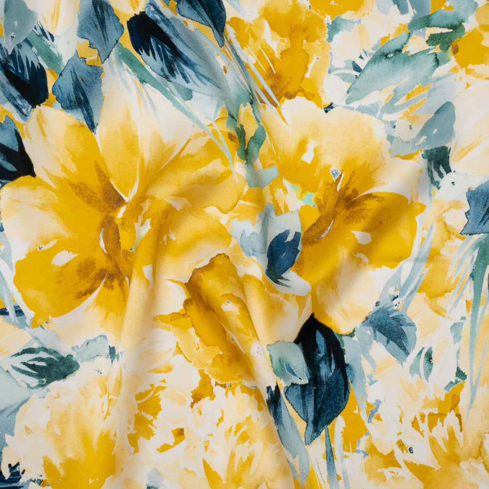 Silk Charmeuse Print 16MM, Made in Italy - Yellow and Dark Teal Watercolor Flower Garden - Joann Fabrics