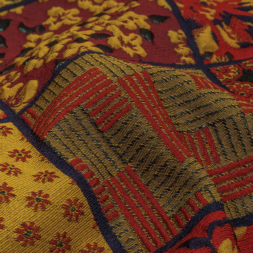 Red, Saffron and Metallic Navy Patchwork Squares Luxury Brocade - Joann Fabrics