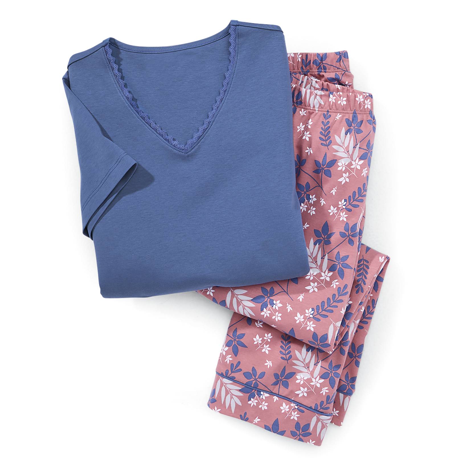 Peruvian Cotton Tossed Leaves PJ Set, V-Neck Top, Print Capris - Northstyle Catalog