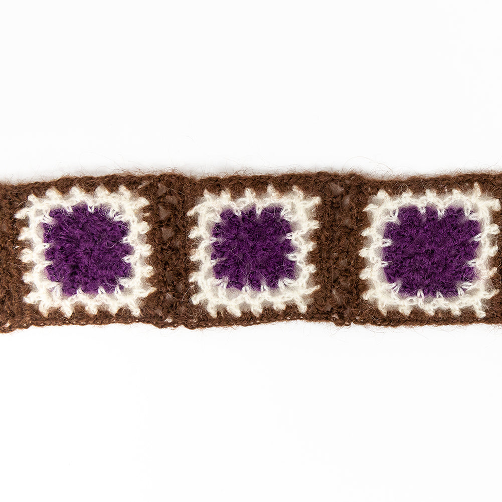 Brown, Ivory and Purple Squares Crochet Lace Trim - 2.25