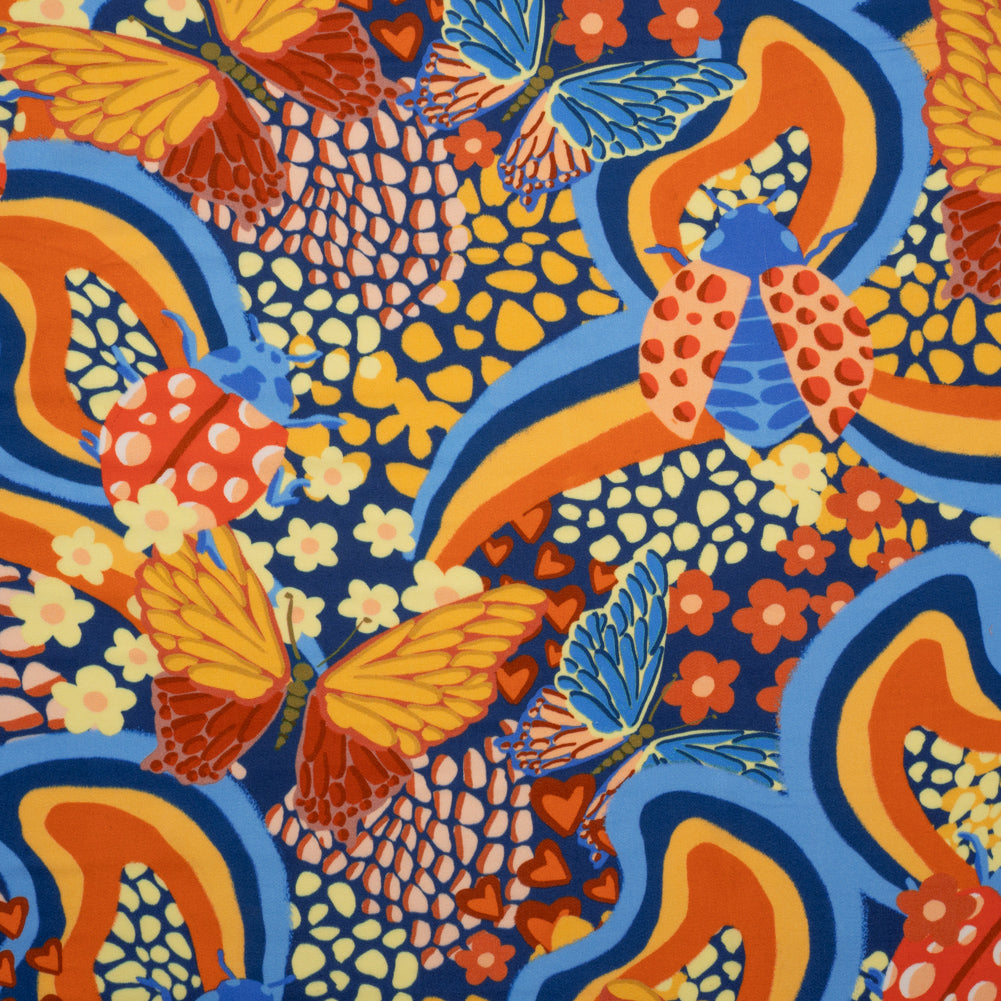 Rayon Challis - Orange and Blue Butterflies and Doodles - Sunbeam Garden Print - Mood Exclusive Chariot Collection - Joann Fabrics
