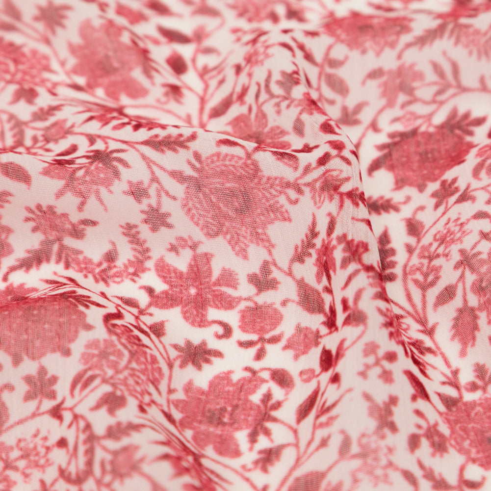 Italian Cranberry and Bright White Floral Crinkled Polyester Chiffon - Joann Fabrics