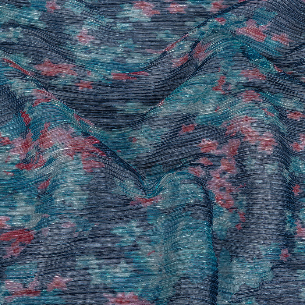 Metallic Blue and Coral Floral Printed Plisse - Joann Fabrics