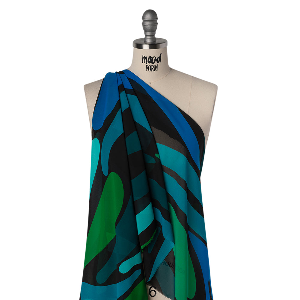 Polyester Chiffon Print - Green, Blue and Black Abstract - Designer Deadstock - Joann Fabrics