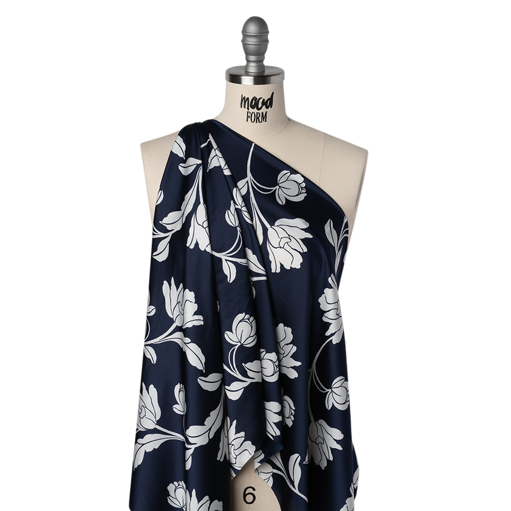 Polyester Charmeuse Print - Navy and White Roses - Designer Deadstock - Joann Fabrics