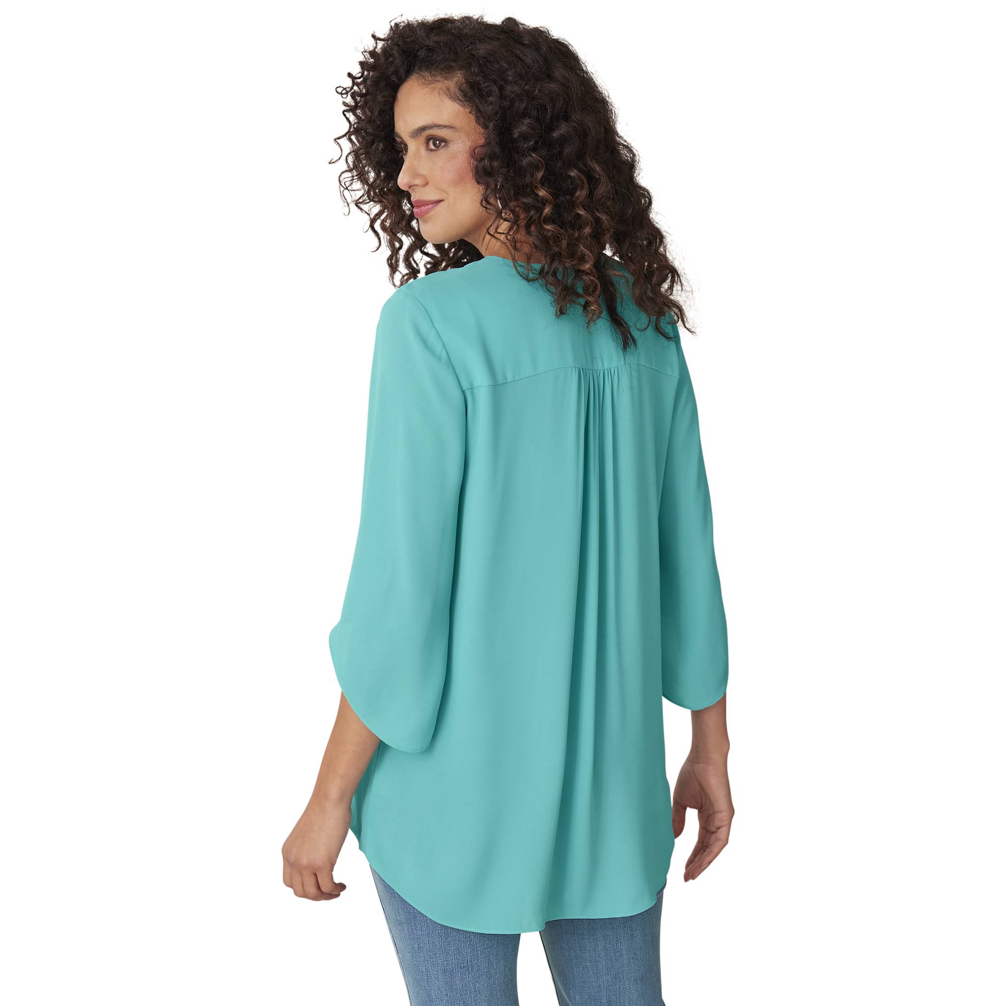 Flowy Layered Top, V-Neck, Crossover Hem, 3/4 Sleeves - Northstyle Catalog