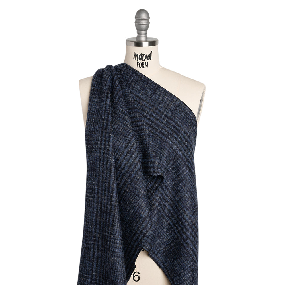 Alpaca and Wool Blend Felted Coating Made in Italy - Blue and Gray Tweedy Plaid - Deadstock - Joann Fabrics