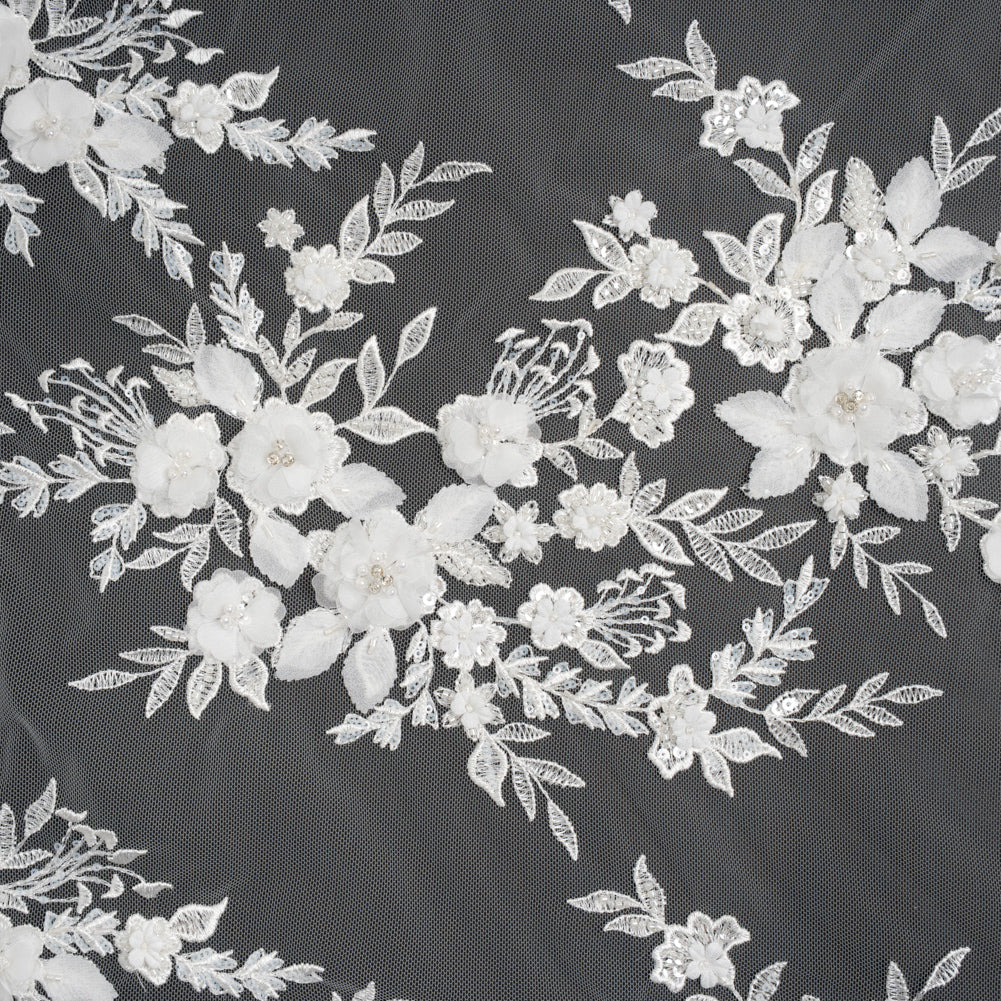 Beaded Embroidered Lace with 3D Fabric Flowers - White Flower Bunches with Pearls - Joann Fabrics